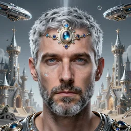 studio portrait lighting close face portrait a single face centered nice short gray hair and beard, man, half soap bubble mind, half symetrical highly detailed ornate with jewels and precious metals futuristic, half sandman kingdom, outside view from half castle kingdom of dreams, space ships, hiperrealistc, global illumination, radiant light, silver, art by andreas achenbach