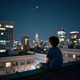 a kid in a big city, sits on a rooftop, watches a beautiful night full of stars and tech buildings, dramatic, by paul lehr