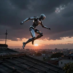 sideways landscape photo of a cyborg jumping on the roofs, high contrast, moody sunset, late night, detailed high poly characters, by greg rutkowski, alphonse mucha, beeple, sharp focus, digital art, smooth, light refraction, pixiv art, volumetric lighting, makoto shinkai