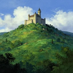lush hill, with a small hyper realistic castle, atmospheric lighting, blue sky with clouds illustration by kim jung giu weta studio, mucha, bautista and norman rockwell and greg rutkowski and tom bagshaw and james gurney and lucasfilm