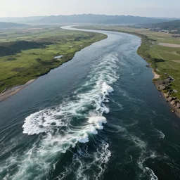 drone photo of river delta and tsunami waves by hiroshi yoshida, roger deakins, turner, rothko, full height fluid simulation in houdini, distant mountain range, hyperrealism, moorland, matte painting, prometheus, trending on artstation, 8 k very hight detail, concept art, rendered in octane