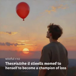 “ wistful oil painting of a man watching parts of himself float away like red balloons against a sky at sunset, these are all his memories, he is steeling himself to become a champion of loss ”