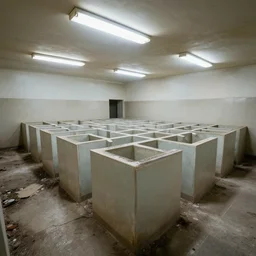 abandoned filthy bathroom maze in a massive room, bright halogen lights, wide angle lens photography