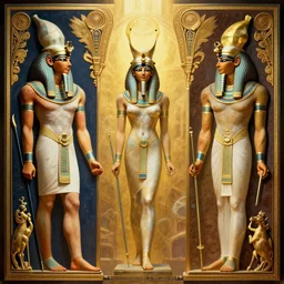 Egyptian gods Osiris and Isis, by Rolf Armstrong and Evelyn De Morgan and Bastien Lecouffe-Deharme, dramatic lighting, high contrast colors, baroque, empyrean, panoramic view, as trending on Artstation, highly detailed, doom engine,