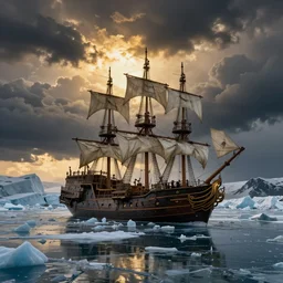 a large pirateship frozen on a glacial lake, landscape photography by marc adamus, dramatic lighting, thunderclouds, dramatic, rule of thirds, golden ratio, ambient lighting, wlop, artgerm, artstation, highly detailed masterpiece, dark fantasy art, intricate details, elegant, ultra realistic, trending on artstation