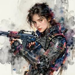 ballerina with assault rifle, intricate cyberpunk watercolor portrait by john singer sargent