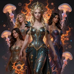 ultra realistic illustration, a stunningly beautiful greek gothic goddess of chaos played by jordyn jones and dove cameron and margot robbie and taylor swift and megan fox and adriana lima, intricate, mandelbulb 3 d, fractal flame, jellyfish, elegant, highly detailed, digital painting, artstation, concept art, smooth, sharp focus, illustration, art by artgerm and greg rutkowski and alphonse mucha