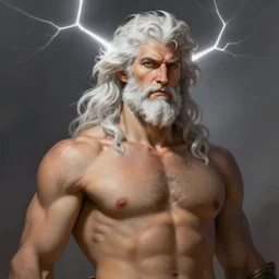 painted portrait of rugged zeus, god of thunder, greek god, white hair, masculine, mature, handsome, upper body, muscular, hairy torso, fantasy, intricate, elegant, highly detailed, digital painting, artstation, concept art, smooth, sharp focus, illustration, art by gaston bussiere and greg rutkowski