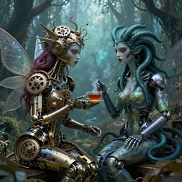 intricate mechanical fairy with visible gears having tea with a cyborg gorgon medusa in a magical forest. Very detailed 8k. Fantasy cyberpunk horror. Sharp. Cinematic post-processing