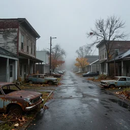 wide angle shot of dilapidated silent hill in real life, desolate town, empty streets, nightmarish, some rusted retro futuristic parked cars, overcast, blankets of fog pockets, rain, volumetric lighting, beautiful, daytime, autumn, sharp focus, ultra detailed, cgsociety