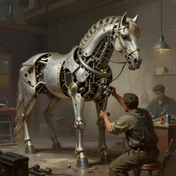 portrait of a a mechanical horse being fixed by mechanics workers, digital painting, artstation, concept art, donato giancola, Joseph Christian Leyendecker, WLOP, Boris Vallejo, Breathtaking, 8k resolution, extremely detailed, beautiful, establishing shot, artistic, hyperrealistic, octane render, cinematic lighting, dramatic lighting, masterpiece, light brazen, extremely detailed