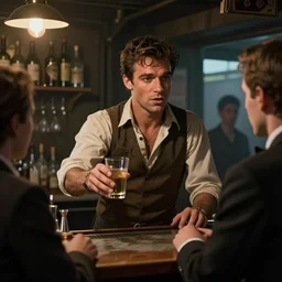 young frank sinatra as a poor dystopian dieselpunk soviet bartender serving a client. art by greg rutkowski, gustave courbet, rosa bonheur, edward hopper. faithfully depicted facial expression, perfect anatomy, sharp focus, global illumination, radiant light, detailed and intricate environment, trending on artstation