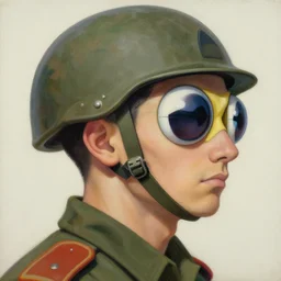 a beautiful side portrait painting of a soldier. the soldier has giant insect eyes, compound eyes. art by yoji shinkawa and sandra chevrier, trending on artstation, award - winning, perfect composition.