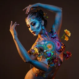 a portrait of a dancer with body paint, fractal shapes, cinematic lighting, flowers,