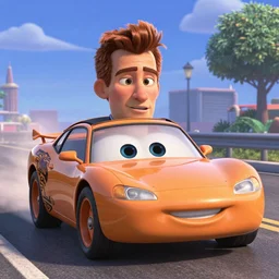 cars movie with the face of David Copperfield on the body car, pixar