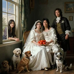 baroque portrait of an asian couple marrying with a friend staring from outside window surrounded by dogs and tomatoes