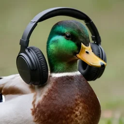a high quality photo of a green duck wearing headphones, realism, 8k