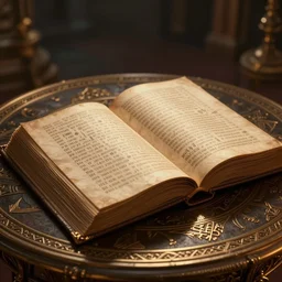 a singular, ancient open book on an exquisite table, runes, volumetric lighting, 8 k octane beautifully detailed render, post - processing, extremely hyper - detailed, intricate, epic composition, cinematic lighting, masterpiece, trending on artstation, stunning art by caravaggio, by simonetti, beautiful cinematic light