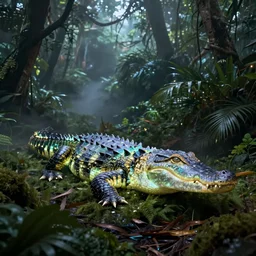 neon glowing alligator in a foggy jungle by magali villeneuve and greg rutkowski