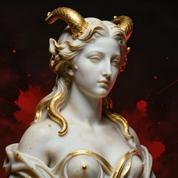 portrait statue of evil gorgeous woman, made of white marble with gold, on the dark background, red splatters, hyper realistic, hyper detailed, by johannen voss and michelangelo, octane render, vivid colors