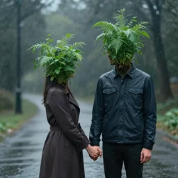 a couple holding hands with plants growing out of their heads, growth of a couple, rainy day, atmospheric, bokeh matte masterpiece by artgerm by wlop by alphonse muhca