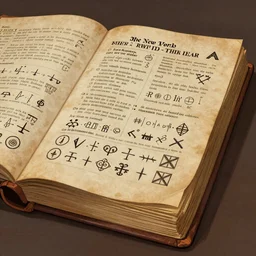 Picture of old book with technical documentation. It is all variegated with strange symbols. Illustration to New York Times best-seller of the year. unreal 5, 4k, 8k, hyper-realystic, HD, trending on artstation