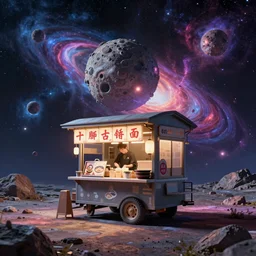 a ramen foodcart on an asteroid at the end of the universe, cosmic and colorful