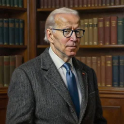 joe biden wearing a tweed coat and pince - nez glasses, in a library, oil on canvas