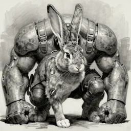 rabbit!!! jim lee!!! medium shot!! flat grayscale ink sketch by jim lee close up in the style of jim lee, sad hunched dramatic pose swat soldier armor gray hulk rabbit animal by jim lee