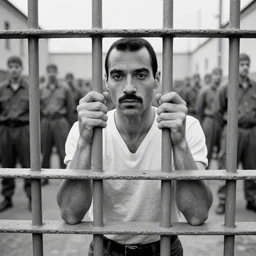 freddie mercury sits behind bars in a russian prison, black and white photo, realism, 3 5 mm, prisoners in the background, good lighting