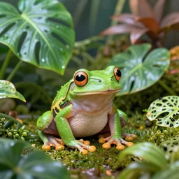 a little frog surrounded by tropical plants, realistic, colorful photo, 8k