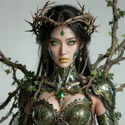 front view portrait of a beautiful oriental cyborg warrior woman, green eyes, gold lips, entwined in branches, ivy and vines, thorn crown, highly detailed, sci - fi, intricate, decadent, highly detailed, octane render, concept art, smooth, sharp focus, hyper - realistic
