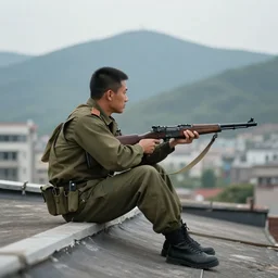 A man is sitting on a roof. He's holding a rifle and staring off into the distance. In the background, you can see mountains and a city. The man is wearing a military uniform and he's very alone. High details, 8k