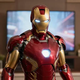 Iron Man watching an Iron Man movie, cinematic, photorealistic, highly detailed