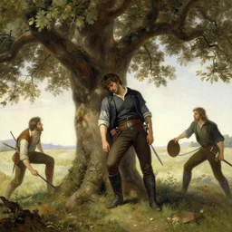 warrior tired after a fight standing underneath oak tree, painting by gaston bussiere, craig mullins, j. c. leyendecker