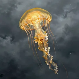 The shining golden queen of jellyfish soars in the thick gray stormy ocean artstation ,  highly detailed, portrait, by krenz cushart
