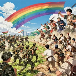 a zoomed out panoramic view an army of rainbow soul calvary charging into the abyss. hyperrealistic anime background illustration by kim jung gi, colorful, extremely detailed intricate linework, smooth, super sharp focus, bright colors, high contrast, matte, octopath traveler, unreal engine 5 highly rendered, global illumination, radiant light