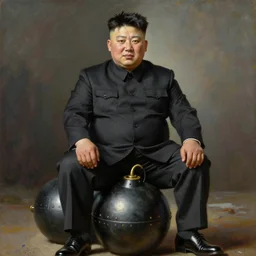 kim jong - un sitting on an atomic bomb!!!!!!!!!!!!!!!!!!!!!!!!!!!, detailed face, detailed painting,, epic lighting, by ilya repin, phil hale and kent williams