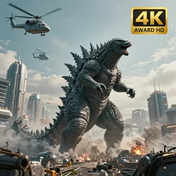 photograph of Godzilla destroying a futuristic city, military helicopters in the sky, smoke and destruction, highly detailed, cinematic, photorealistic, 4k, hd, award winning