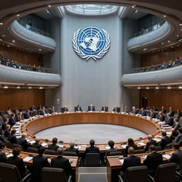 sci fi fictional united nations negotiating chamber, no people, 8 k photorealistic