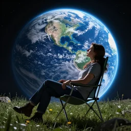 astrosaunt sitting in lawn chair on the moon looking at earth hyper realism, cinematic, dramatic ambient lighting, epic composition, high detail, octane render, unreal engine, 8 k, vibrant colors, smooth gradients, high contrast, professional photo, photorealistic, digital artray tracing