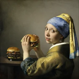back view of man watching hamburger in still life in frame. dutch masters, 1 8 th century. oil on canvas. juicy, fresh, delicious, mouth - watering
