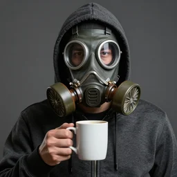 an intricate photograph of a man wearing hoodie and gas mask holding a coffeet mug, ultra detailed, highly detailed, cinematic lighting,  Artstation, 8k, portrait, concept art, hyper realistic, cgsociety