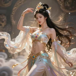 a beautiful female goddess of mazda character, character is in all its glory, character is in her natural relaxed pose, rim lights, particles and dust in the air, fancy clouds, highly detailed professional photo, dynamic lights, particles are flying, depth of field, trending on artstation, illustration, hyper realistic, vray caustics, super detailed, colorful accents, cinematic shot