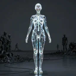 full-body glass sculpture of a woman, glowing veins, plastic, glowing eyes, flat background, Masterpiece, wires everywhere, by Edgar Maxence and Ross Tran, Zdzisław Beksiński, and Michael Whelan, distant, gustav dore, H.R. Giger, 8k, octane render