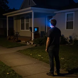 we are on a sidewalk looking at a house watching a a man watch television. a blue light cascades on his face. it's dark outside.