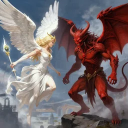 war between heaven angels and hell demons, epic, cinematic, brital by greg rutkowski and huifeng huang, high key lighting, burn, volumetric light, digital art, detailed, intricate