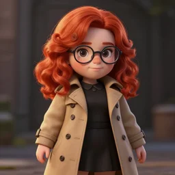 highly detailed, digital art, pixiv fanbox, trending on artstation, ray tracing, volumetric lighting, sharp focus, hq, fallout 4 sytle character, cute chubby redhead girl with one side soft curl hair, freckless in the face and glasses, wearing a trench coat and a black skirt, by artgerm, wlop, greg rutkowski, miyazaki hayao
