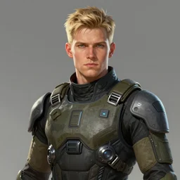 Portrait of a man by Greg Rutkowski, he is about 20 years old, norwegian, short blond hair, young, manly, attractive, strong, older brother vibes, he is wearing futuristic military fatigues, highly detailed portrait, scifi, digital painting, artstation, concept art, smooth, sharp foccus ilustration, Artstation HQ