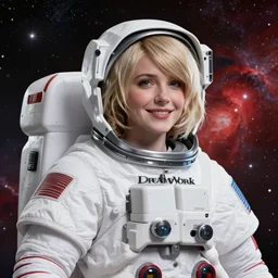 highly detailed portrait of a hopeful pretty astronaut lady with a wavy blonde hair, by DreamWorks, 4k resolution, nier:automata inspired, bravely default inspired, vibrant but dreary but upflifting red, black and white color scheme!!! ((Space nebula background))